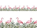 Seamless border with Watercolor flamingos and tropical plants Royalty Free Stock Photo